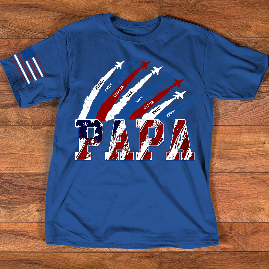 Personalized Papa Airplane Shirt, Custom Kids Names Patriotic T Shirt for Papa, 4th of July American Flag Family Gift