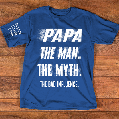 Personalized Papa Shirt with Kids Names, The Man Myth Bad Influence Grandpa Tee, Fathers Day Birthday Christmas Gift