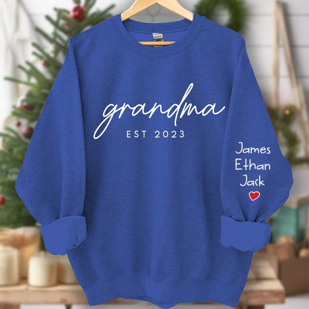 Personalized Grandma Est Sweatshirt, Custom Grandma and Grandkids Name On Sleeve Sweatshirt, Mother's Day Gift For Mom Grandma Mimi Nana Gigi Grammy