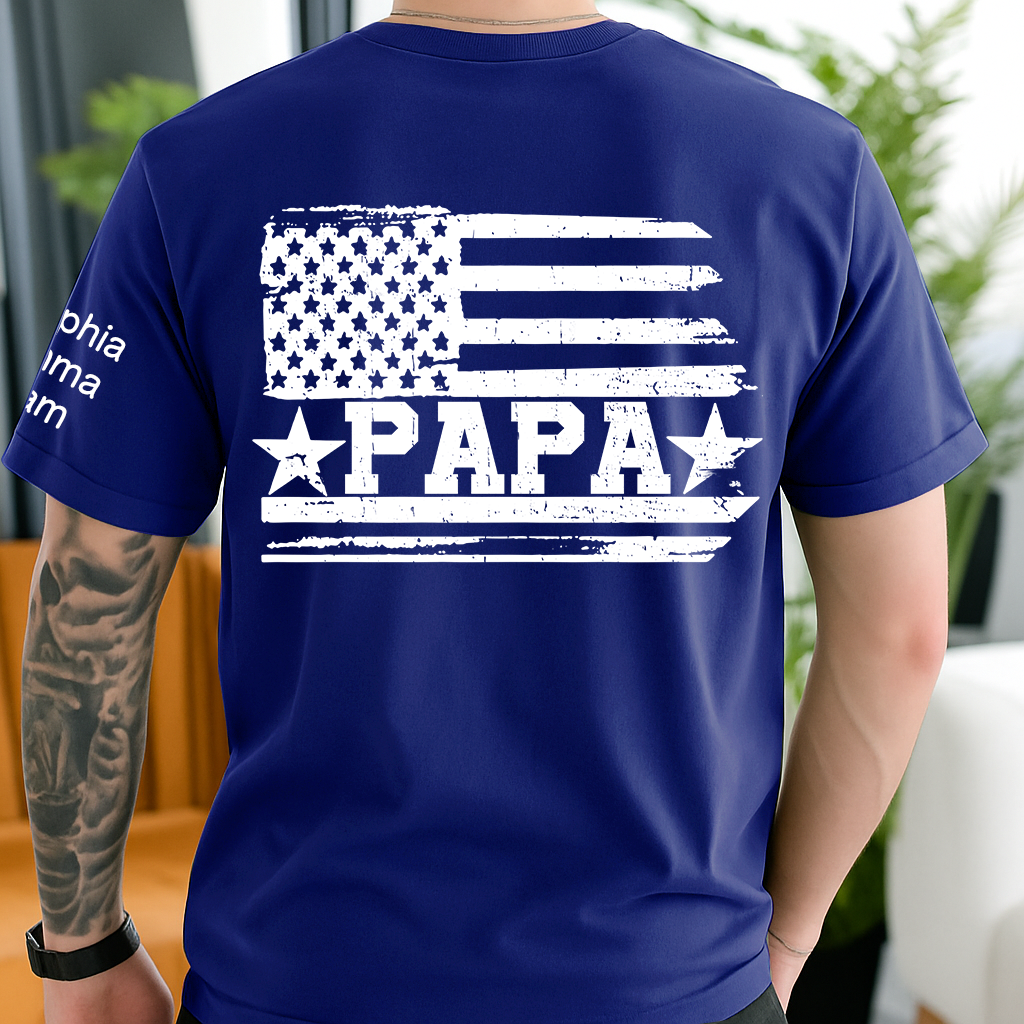 Personalized Papa T-Shirt with Custom Kids Names Option, American Flag Patriotic Design for Dad, Fathers Day Birthday Gift, Family Celebration Shirt