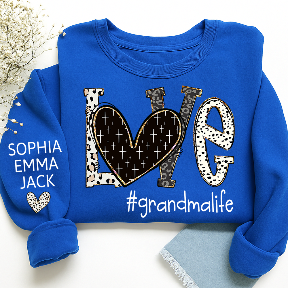 Personalized Love grandmalife Sweatshirt Bible Style Design & Custom Grandkids Names on Sleeve Sweatshirt