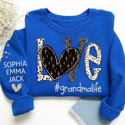 Personalized Love grandmalife Sweatshirt Bible Style Design & Custom Grandkids Names on Sleeve Sweatshirt