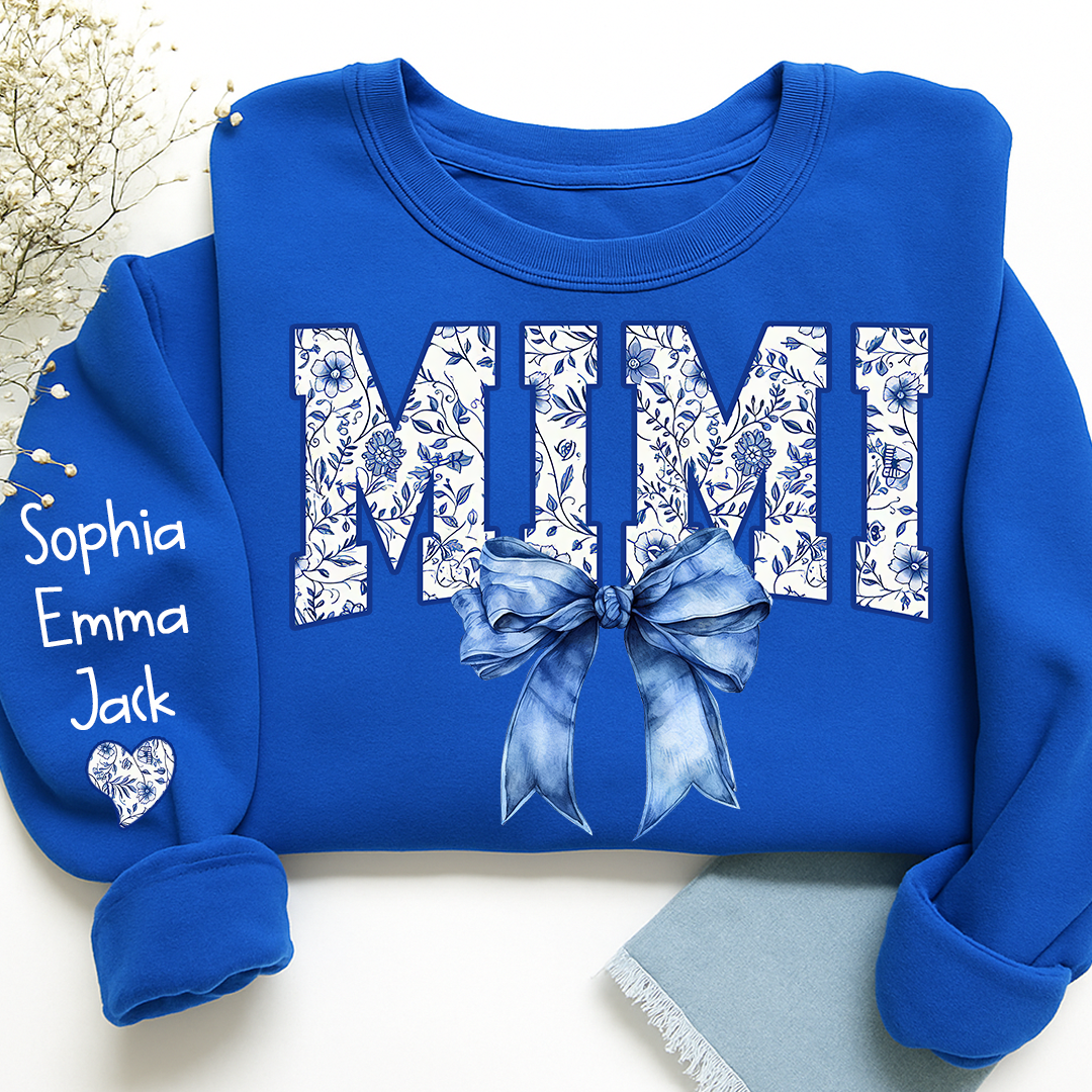 Mimi Floral Toile Blue Water Color Coquette Bow Gift For Grandma And Grandkids Sweatshirt