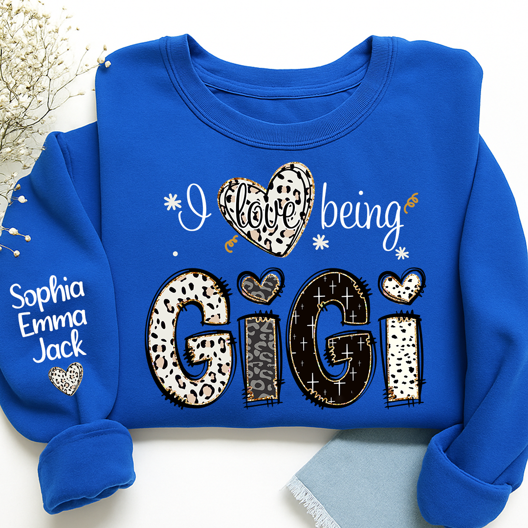 I love being Gigi Bible Style Gift For Grandma And Grandkids Names on Sleeve Sweatshirt