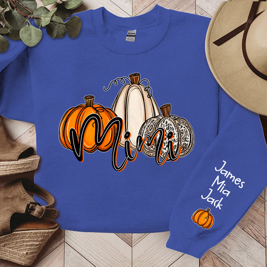 Personalized Mimi Sweatshirt With Grandkid Names On Sleeve, Custom Grandma Mimi Nana Pumpkins Autumn Sweatshirt