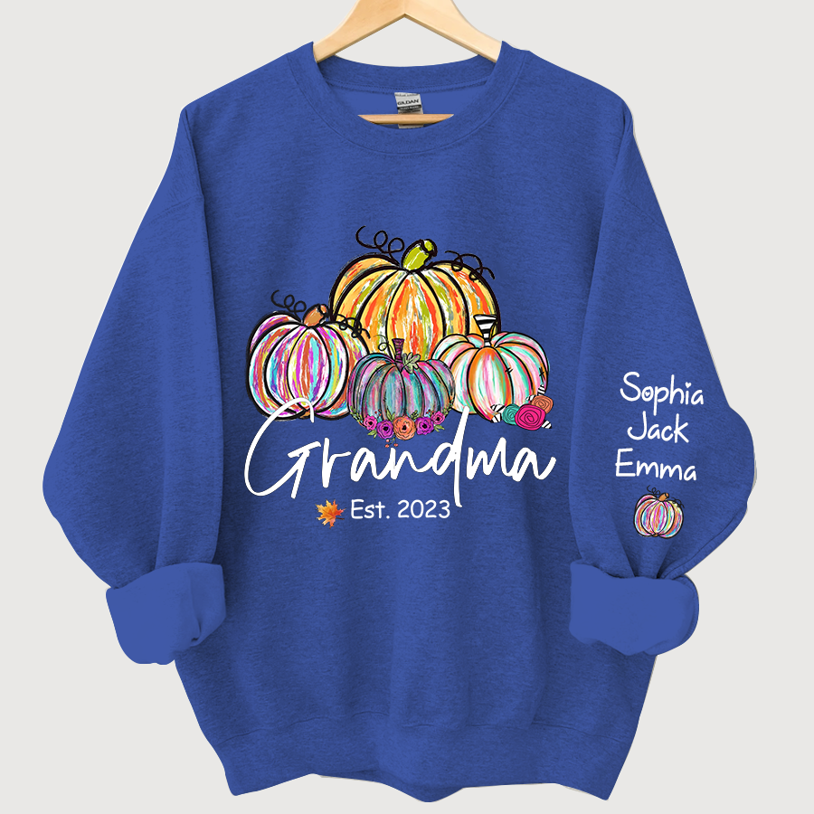 Personalized Grandma Est Painted Color Pumpkin And Grandkids Autumn Sweatshirt