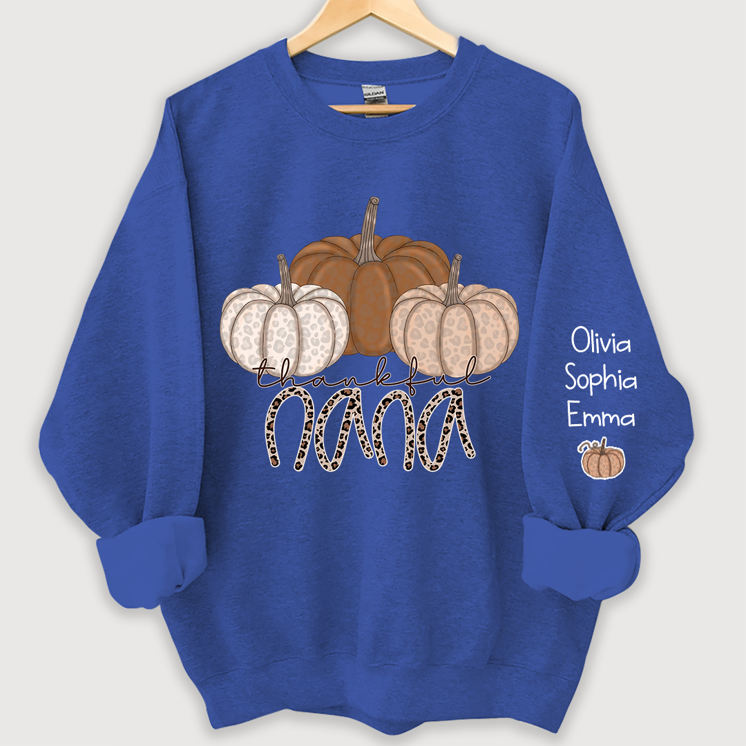 Thankful Nana Pumpkin Leopard and Grandkids on sleeve Sweatshirt