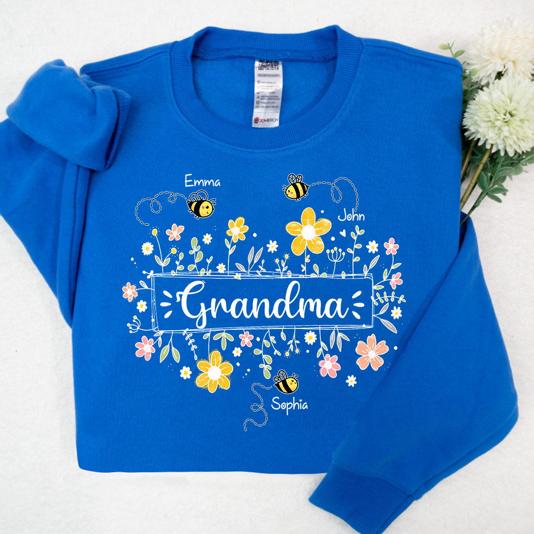 Personalized Grandma Bee Flower And Grandkids Sweatshirt