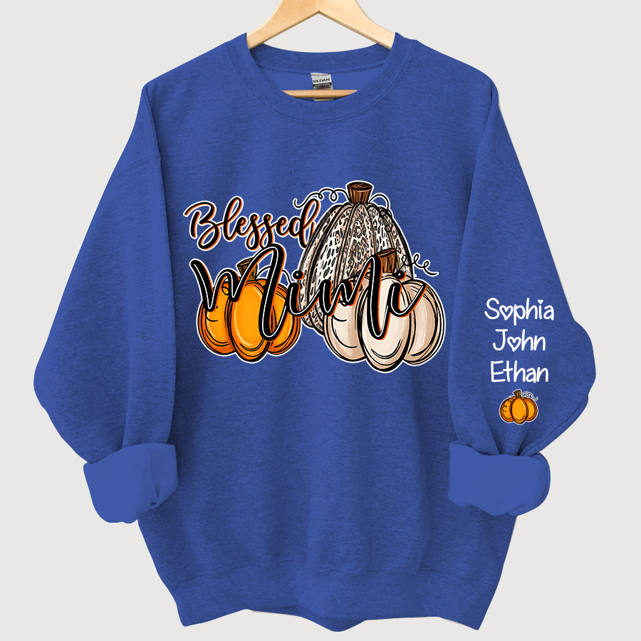 Blessed Mimi With Grandkids Names Thankful Fall Pumpkin Patch Sweatshirt