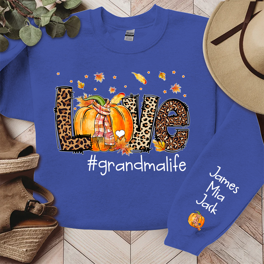 Love Grandma Life Leopard Fall Thanksgiving Halloween Leaves Cute Pumpkin Sweatshirt