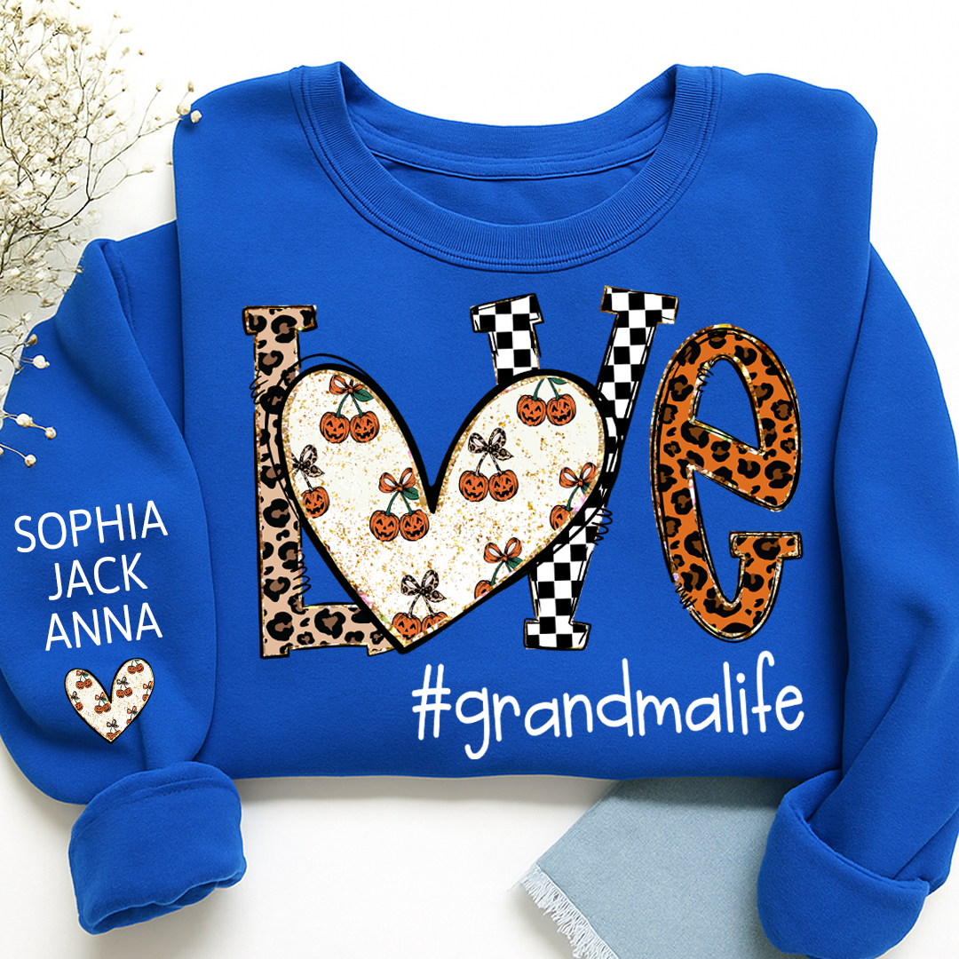 Love grandmalife Pumpkin Leopard Gift For Grandma And Grandkids Names on Sleeve Sweatshirt