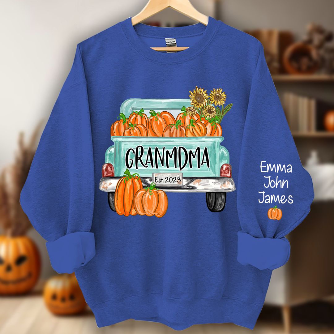 Grandma Truck with Pumpkins Flower Autumn And Grandkids Sweatshirt