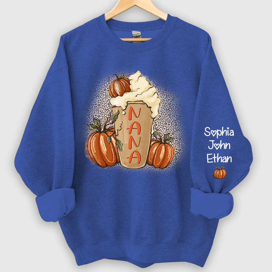 Personalized Nana Latte With Pumpkin Grandkids Fall Latte Coffie Sweatshirt