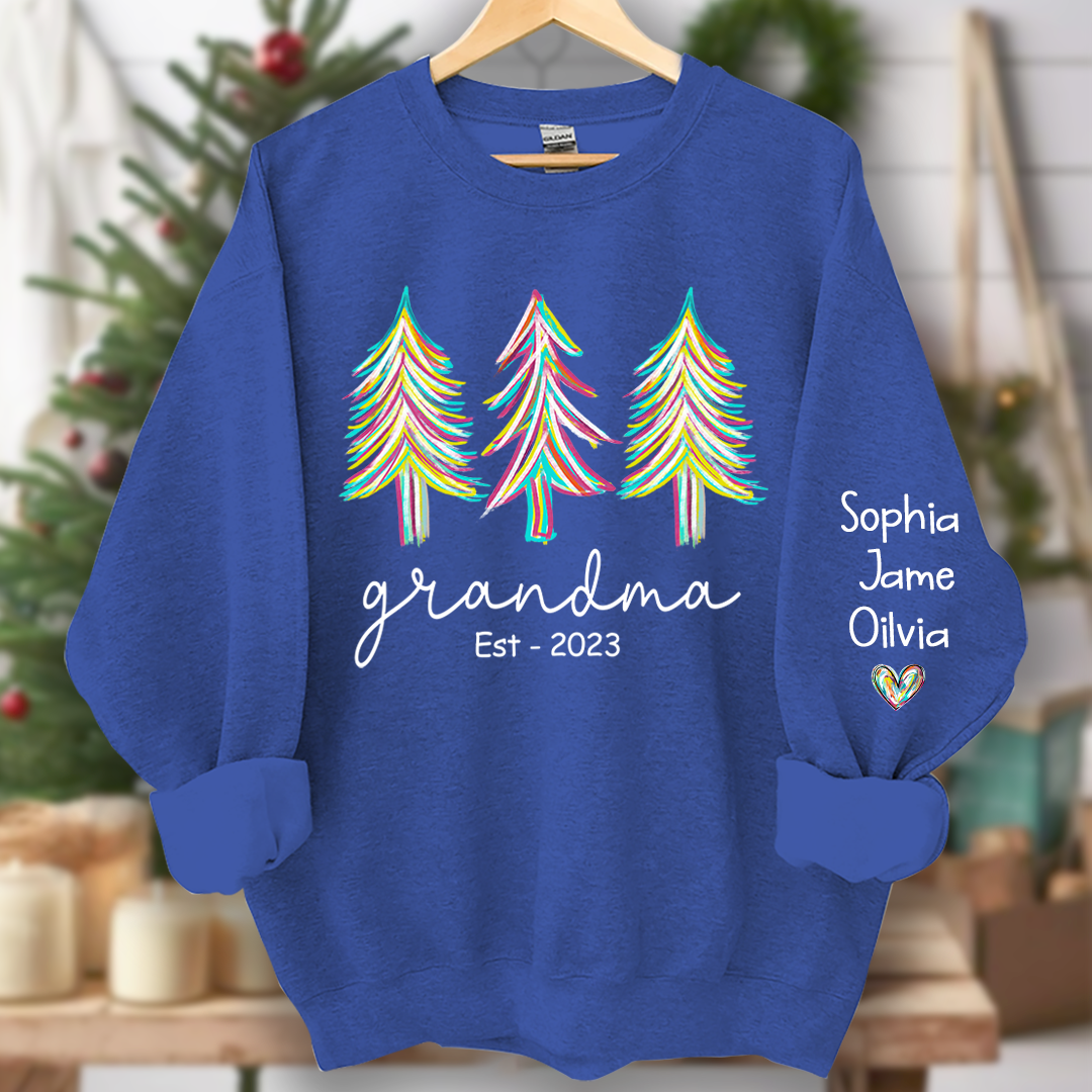 Grandma Est Christmas trees color paint And Grandkids Names Sweatshirt