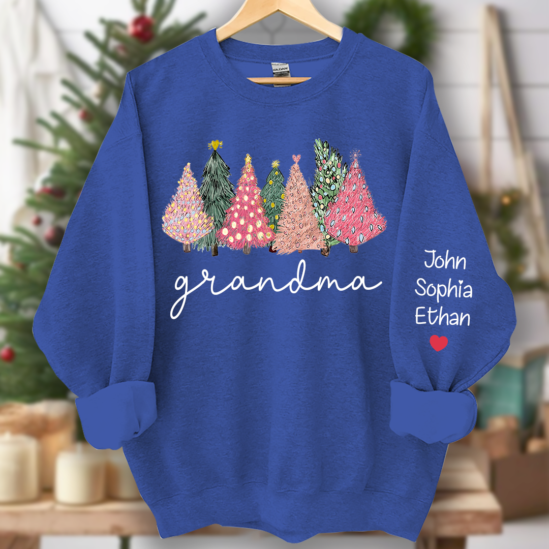 Grandma Christmas trees lights snow pink green cozy winter And Grandkids Names  Sweatshirt