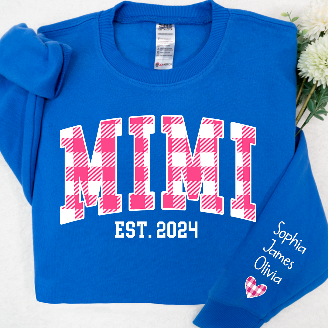Custom Nickname Mimi Buffalo Plaid Pink And GrandKids Names Christmas 2024 Sweatshirt