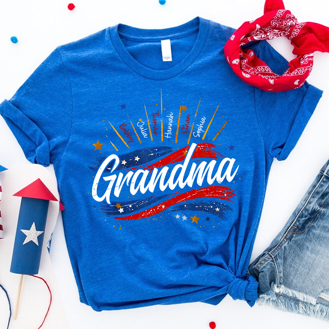 Personalized Grandma Shirt, Custom American Flag Design with Kids' Names, Family T Shirt for 4th of July