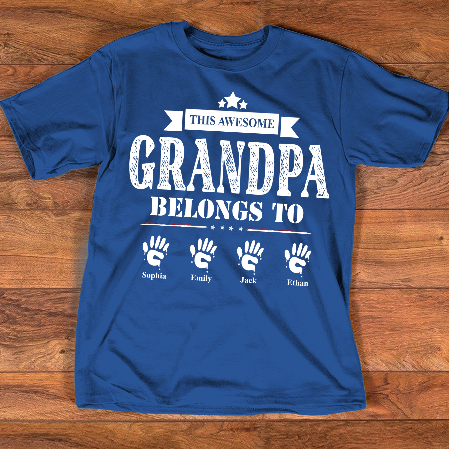 This Awesome Grandpa Belongs to Kids Shirt, Personalized Papa Tee with Kids Names, Patriotic Dad Shirt, Custom Grandpa Gift, 4th of July Family Shirt