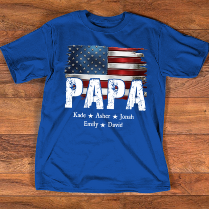 Personalized Papa Shirt Custom Kids Names Patriotic USA Flag, Custom Family Nickname for Dad Grandpa Birthday Father's Day Gift