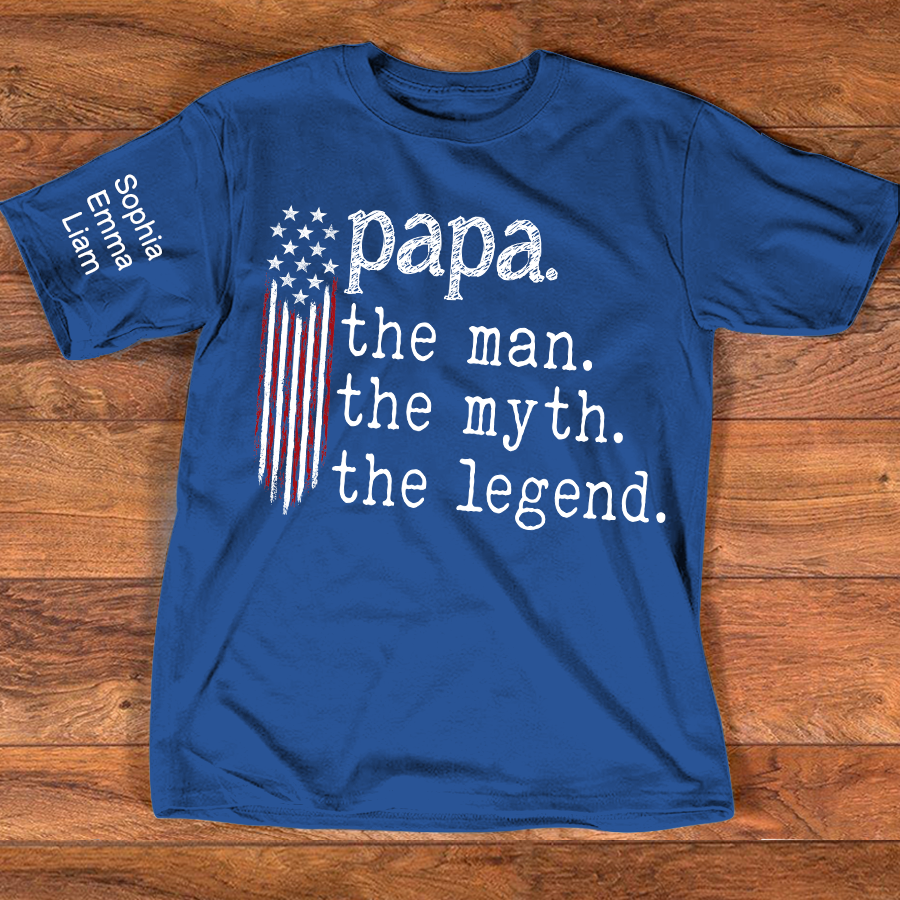 Personalized Papa The Man The Myth The Legend American Flag Shirt with Kids Names, Custom Family Nickname T-Shirt for Dad Fathers Day Gift