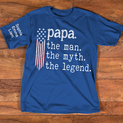Personalized Papa The Man The Myth The Legend American Flag Shirt with Kids Names, Custom Family Nickname T-Shirt for Dad Fathers Day Gift