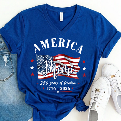 Personalized Mimi America 250 Years of Freedom V-Neck Shirt, Patriotic American Flag Shirt, 1776 2026 USA Celebration, Independence Day Birthday Gift for Mimi Nana Gigi