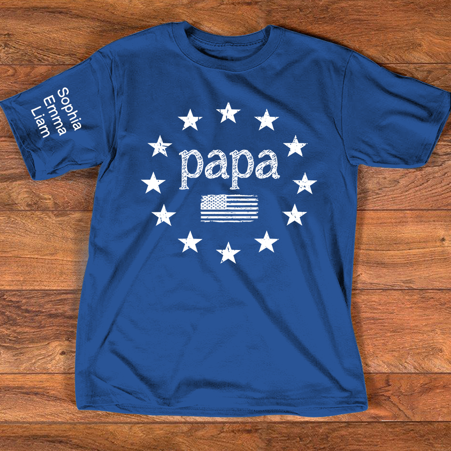 Personalized Papa American Flag Shirt with Kids Names on Sleeve, Custom Grandpa Patriotic Tee for Father’s Day, Gift for Papa Dad Grandfather