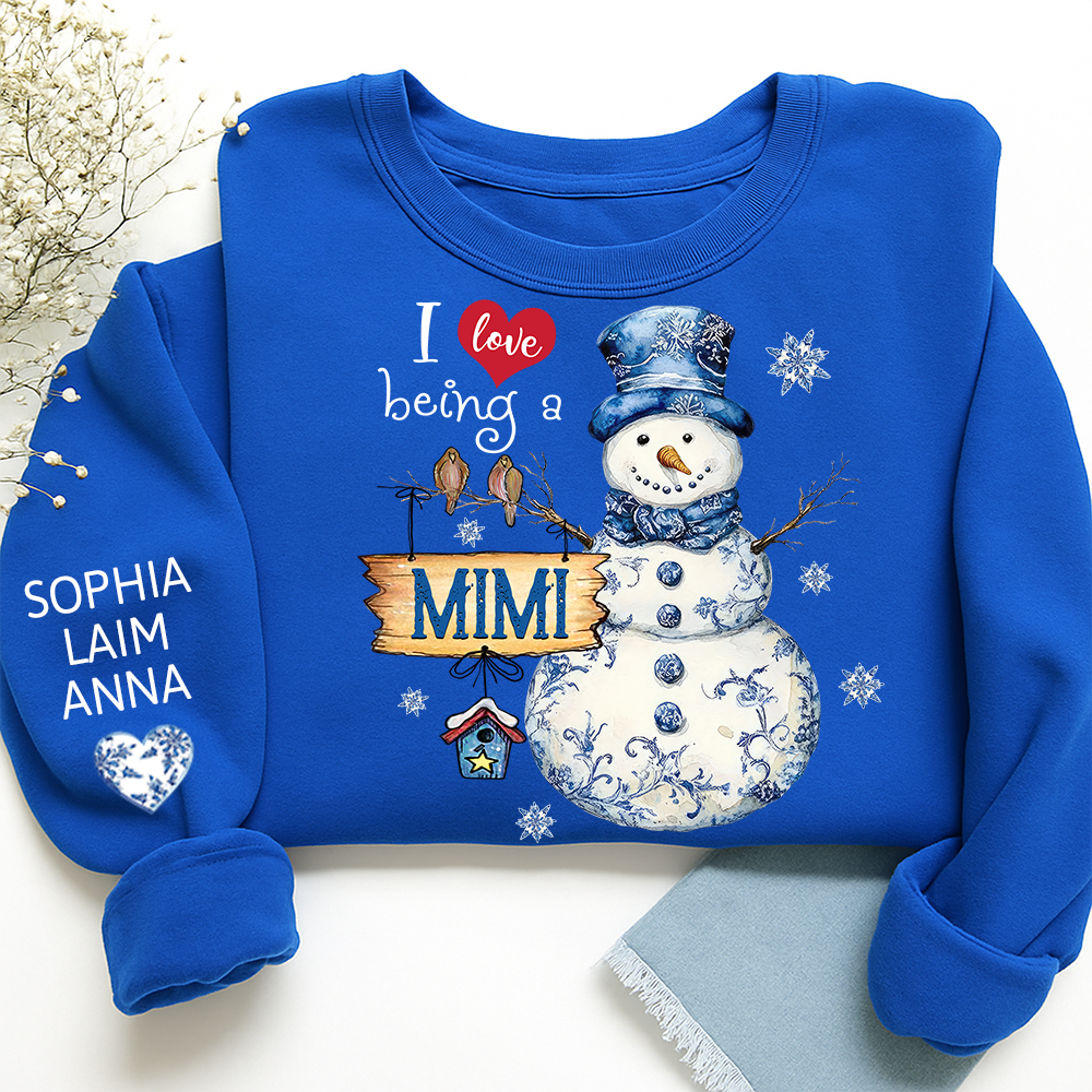 Personalized I Love Being a Mimi Snowman blue toile Sweatshirt and Grandkids Name Winter Design