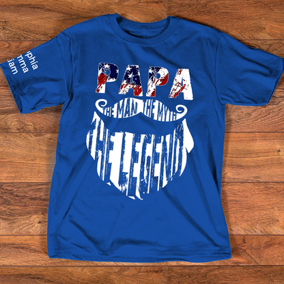 Papa The Man The Legend Shirt, Personalized Dad Grandpa Tee with Kids Names, Patriotic USA Flag Design T-Shirt for Father Birthday 4th of July