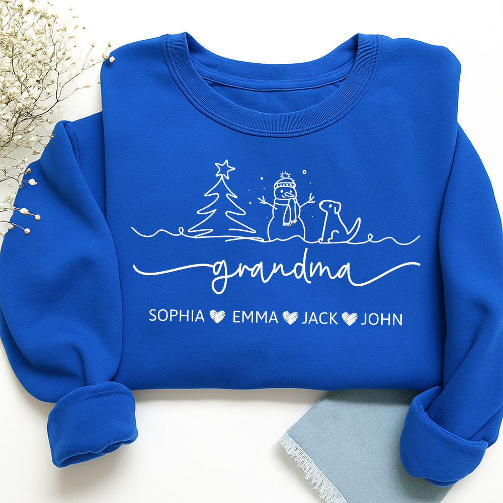 Grandma Snowman Dog Line Drawing And Grandkids Merry Christmas Sweatshirt