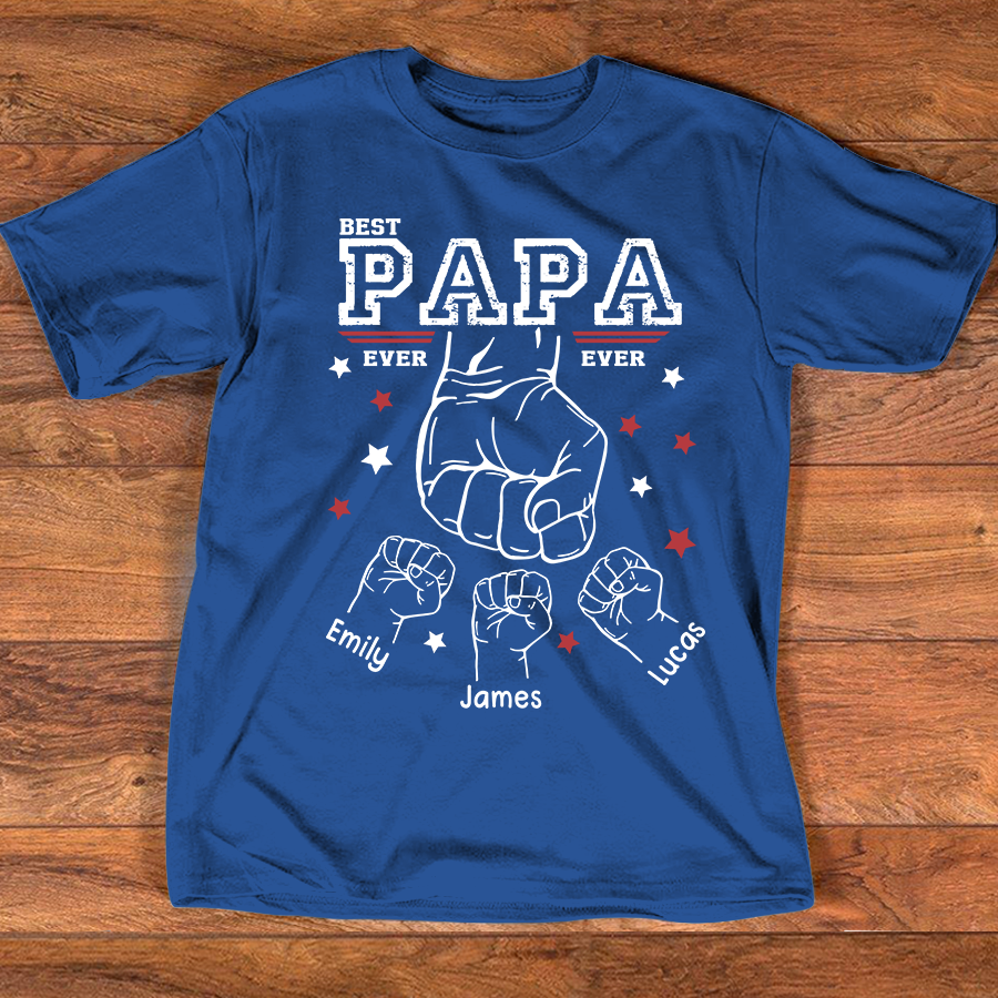 Best Papa Ever Shirt, Personalized Grandpa Fist Bump T Shirt with Kids Names, Custom Papa Papaw Poppy Grandpa Gift for Father's Day Birthday Tee