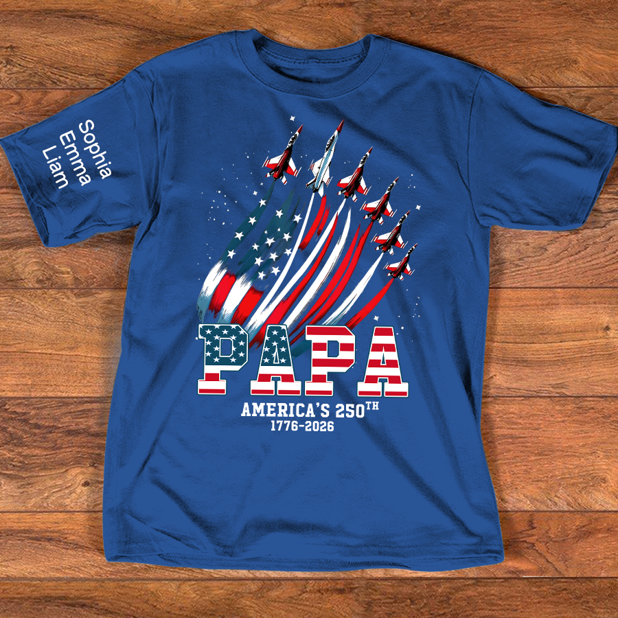 Personalized Papa Patriotic American Flag Shirt with Kids Names, Custom Family Nickname T-Shirt for Dad Fathers Day 4th of July America’s 250th 1776-2026
