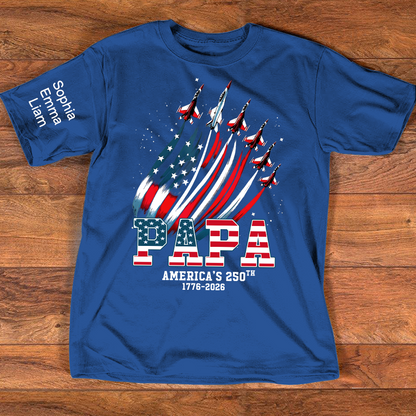 Personalized Papa Patriotic American Flag Shirt with Kids Names, Custom Family Nickname T-Shirt for Dad Fathers Day 4th of July America’s 250th 1776-2026