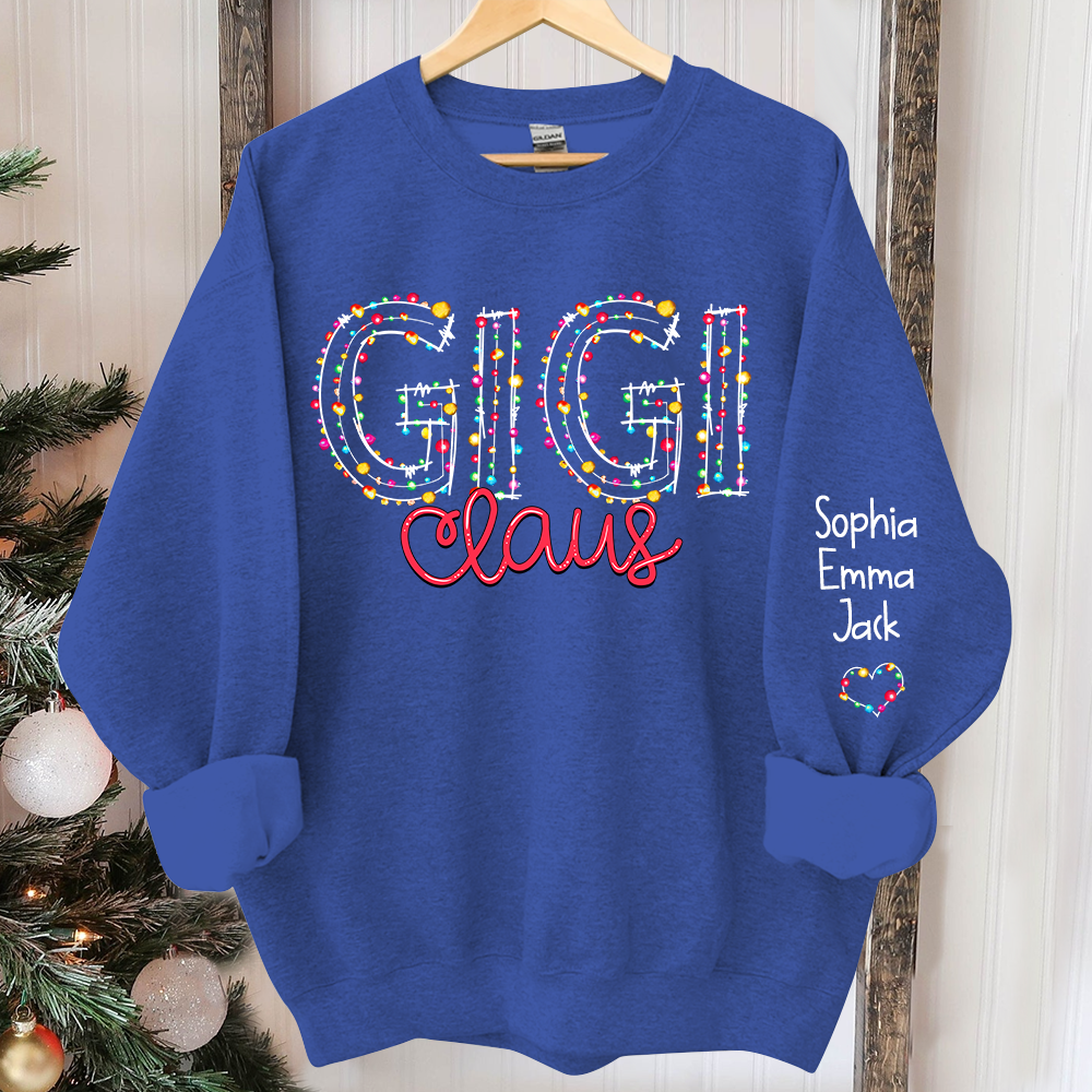 Personalized Gigi Claus Christmas lights And Grandkids Christmas Merry Sweatshirt