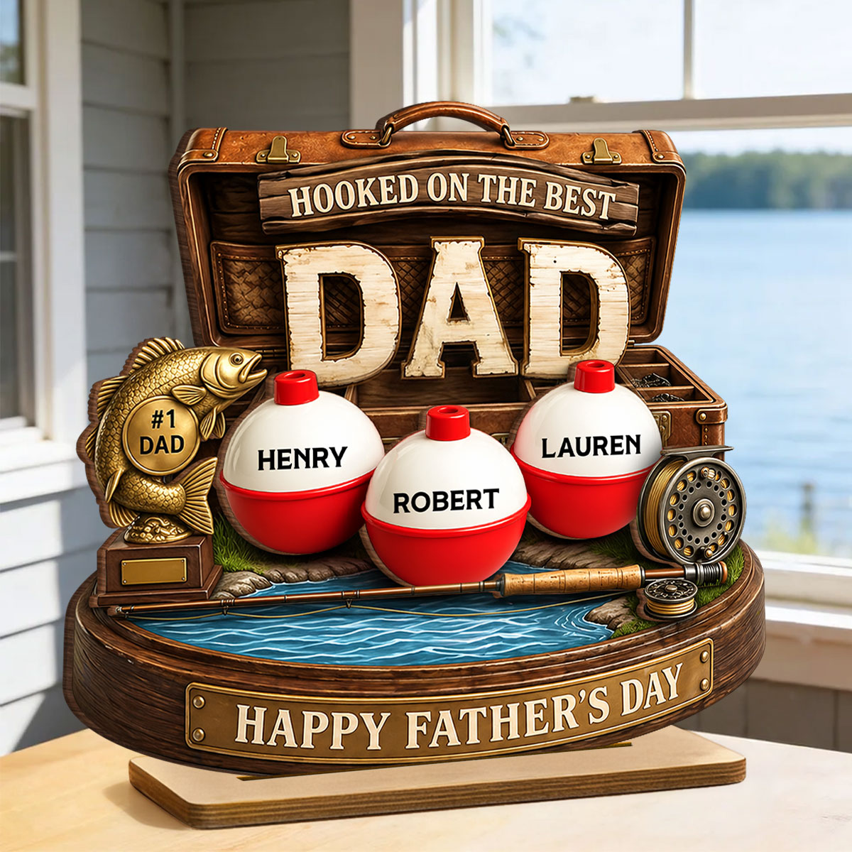Personalized Fishing Dad Gift 2-Layered Wooden Plaque, Custom Name Bobber Decor, Hooked On The Best Dad Fathers Day Gift