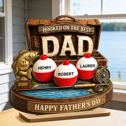 Personalized Fishing Dad Gift 2-Layered Wooden Plaque, Custom Name Bobber Decor, Hooked On The Best Dad Fathers Day Gift