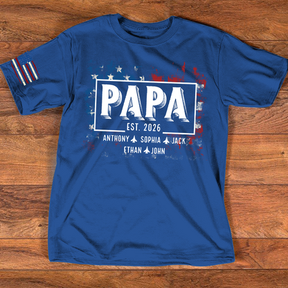 Personalized Papa EST Shirt Custom Kids Names Patriotic American Flag Design, First Time Dad Gift for Grandpa Father Birthday Fathers Day