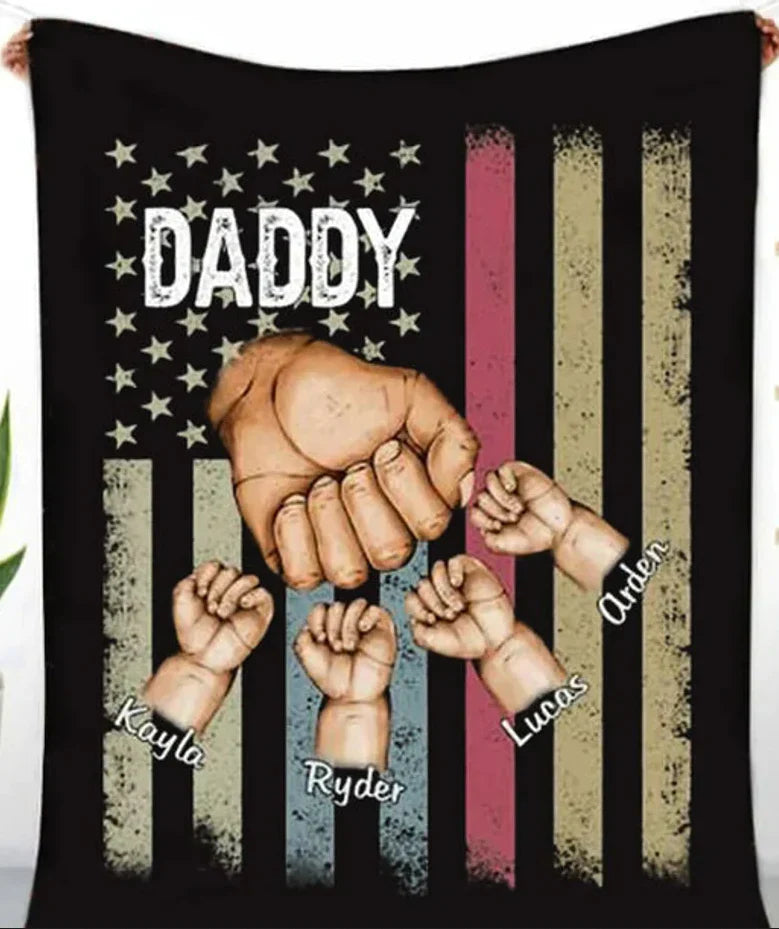 Personalized Papa American Flag Blanket, Papa With Kids Fist Bump Blanket, Custom Father's Day Blanket