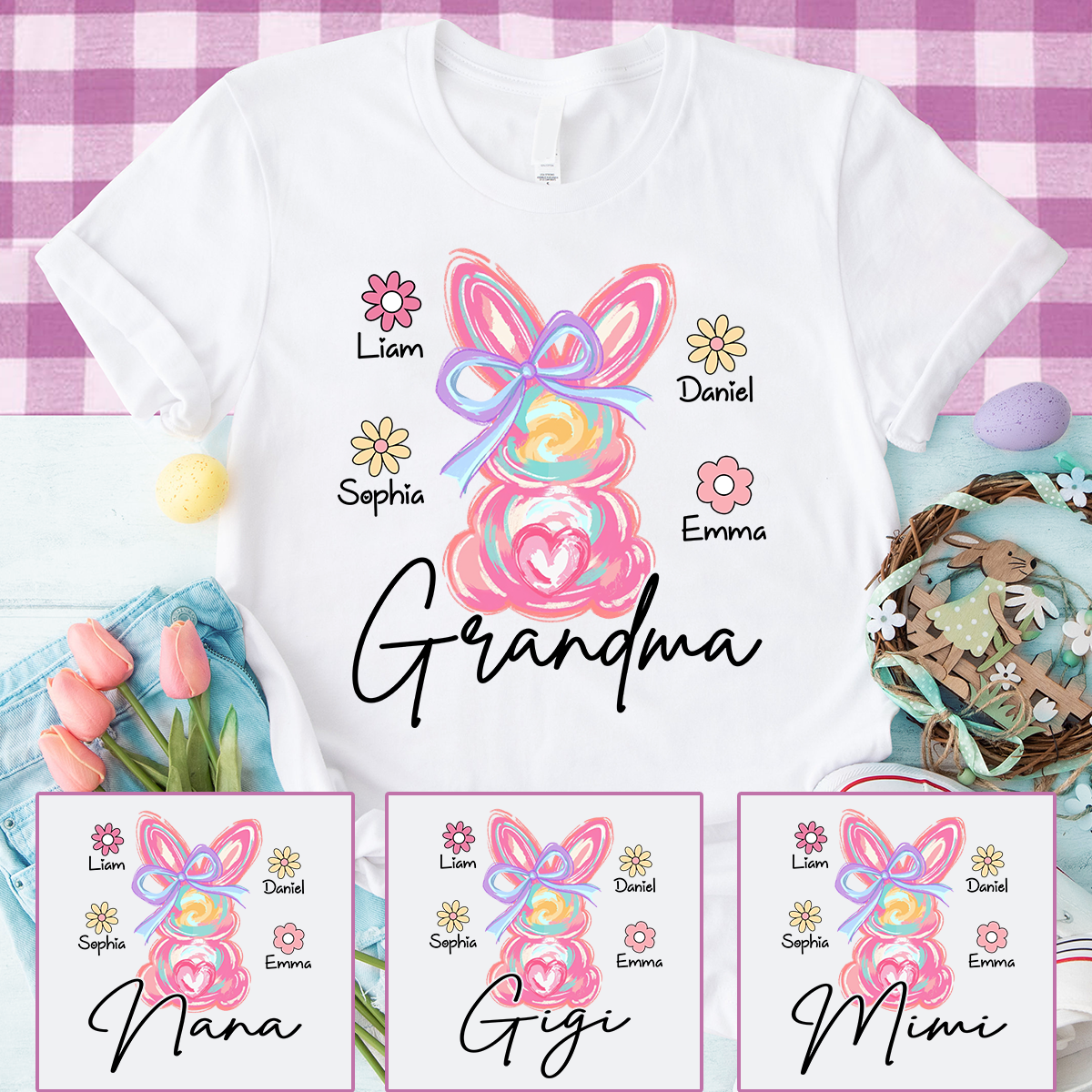 Custom Grandma T Shirt Bunny Design, Personalized Floral Shirt With Children Names