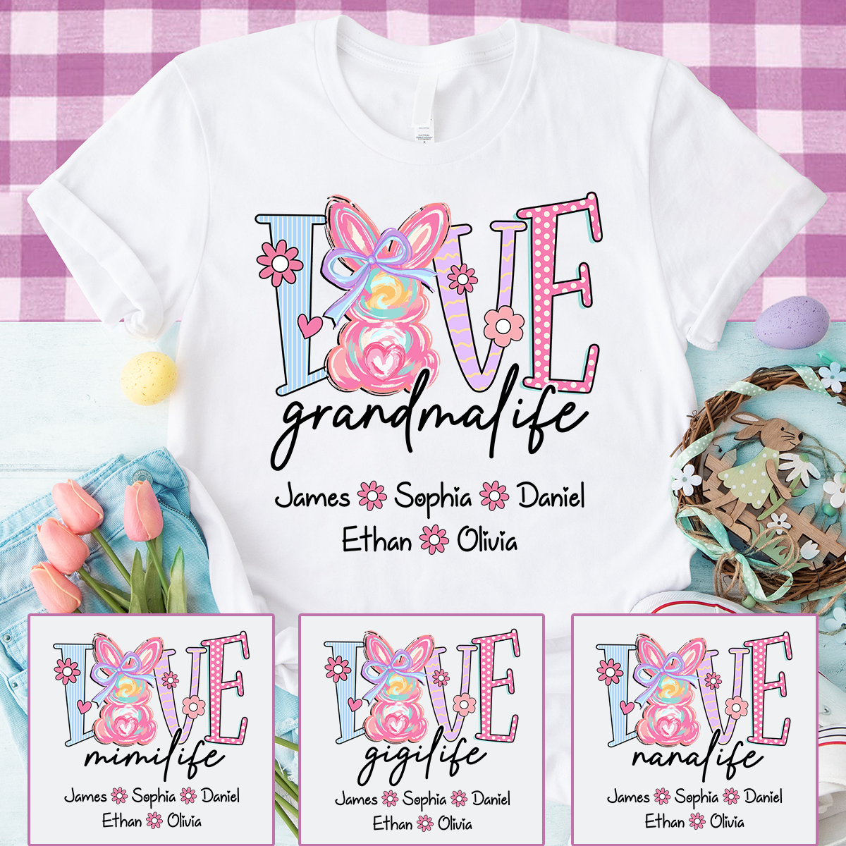 Grandma Life Shirt Love Design, Personalized Bunny Floral Grandma Tee