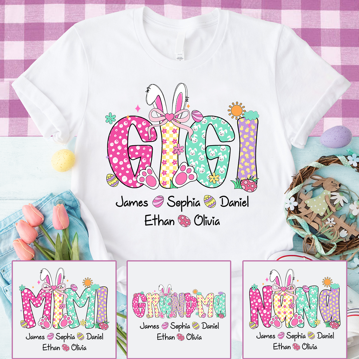 Personalized Gigi Easter Shirt With Bunny Ears, Custom Gigi Shirt With Grandkids Names
