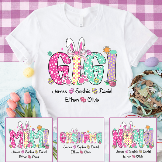 Personalized Gigi Easter Shirt With Bunny Ears, Custom Gigi Shirt With Grandkids Names