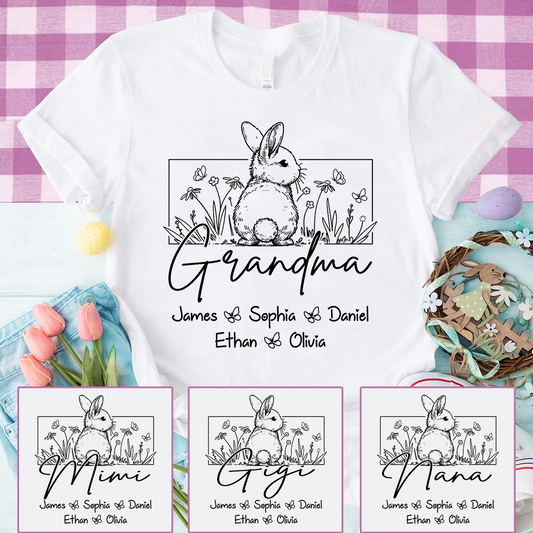 Personalized Grandma Bunny Shirt With Grandkids Names, Custom Easter Grandma Line Art T Shirt