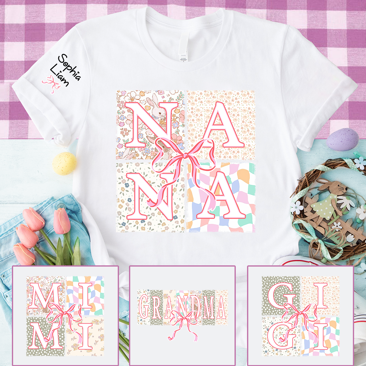 Personalized Nana Easter Shirt, Custom Grandma Shirt With Grandkids Names, Floral Bunny Patchwork Design