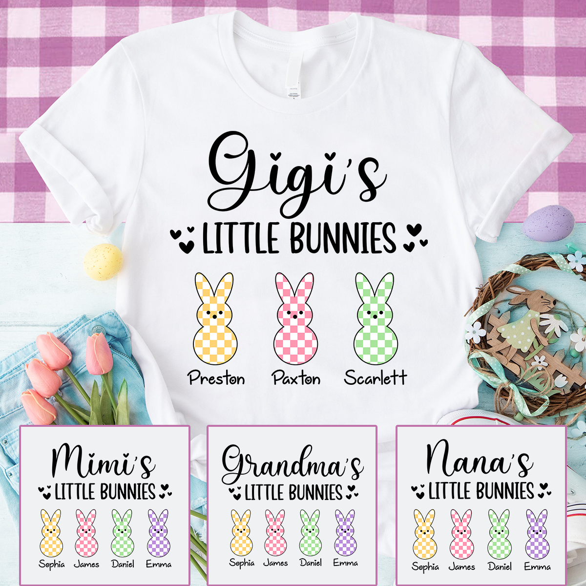 Personalized Grandma Little Bunnies Shirt, Custom Names Grandma T Shirt with Grandkids, Easter Family Outfit