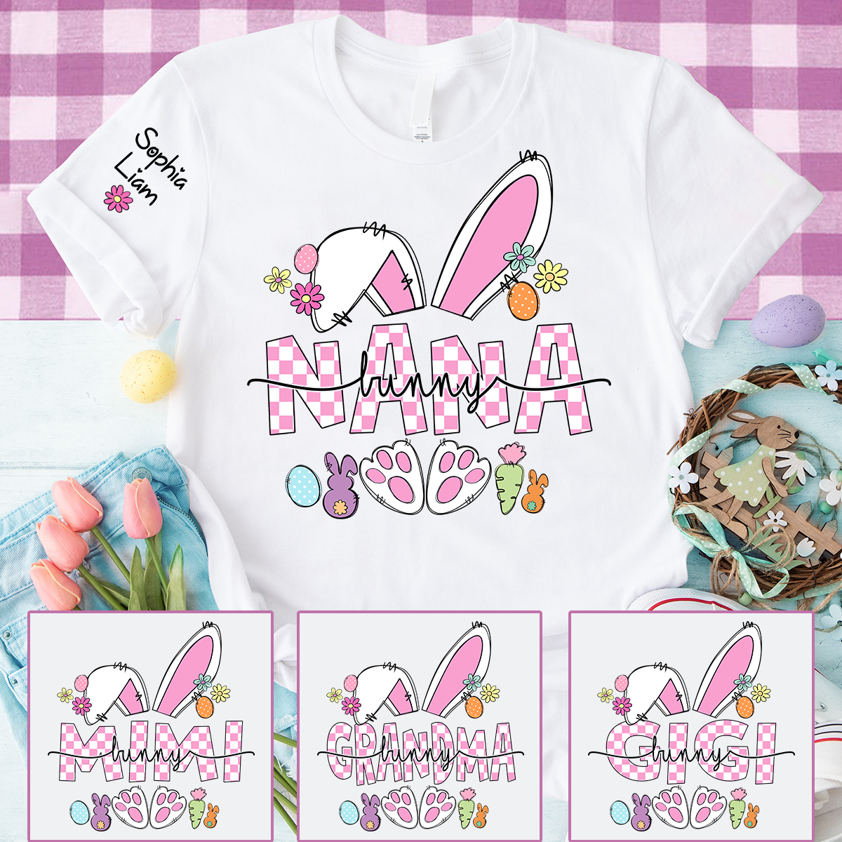 Personalized Nana Easter Shirt with Bunny, Custom Name Grandma T Shirt, Cute Spring Family Gift