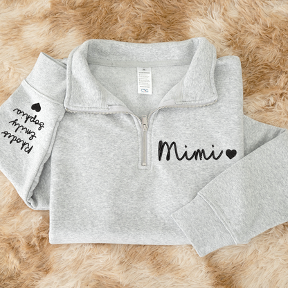 Personalized Mimi Heart Sweatshirt, Mimi And Grandkids Embroidered Quarter Zip Sweater