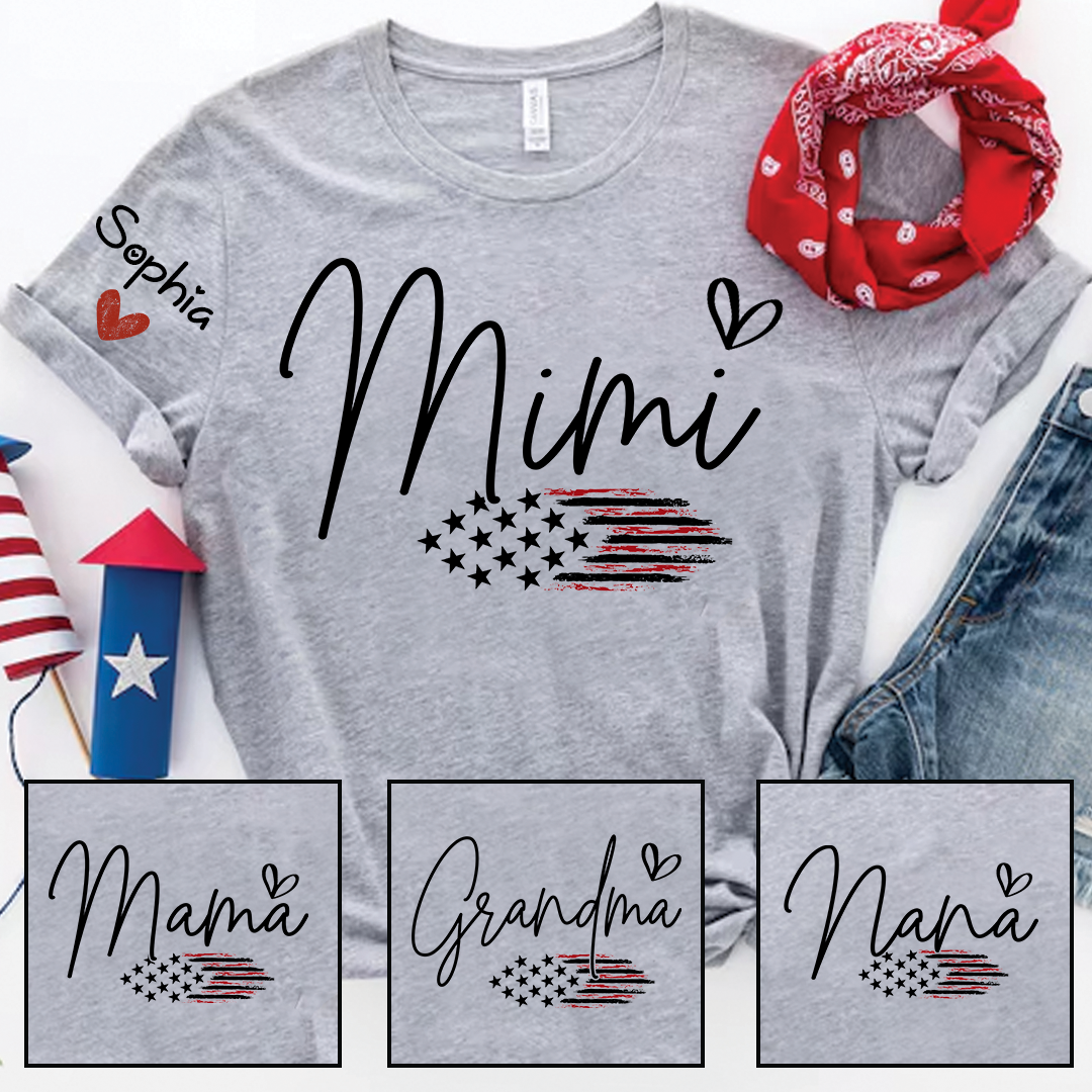 Personalized Mimi American Flag T-Shirt, Custom Design with Name, Patriotic Family Shirt for 4th of July, Gifts for Mother's Day, Birthday