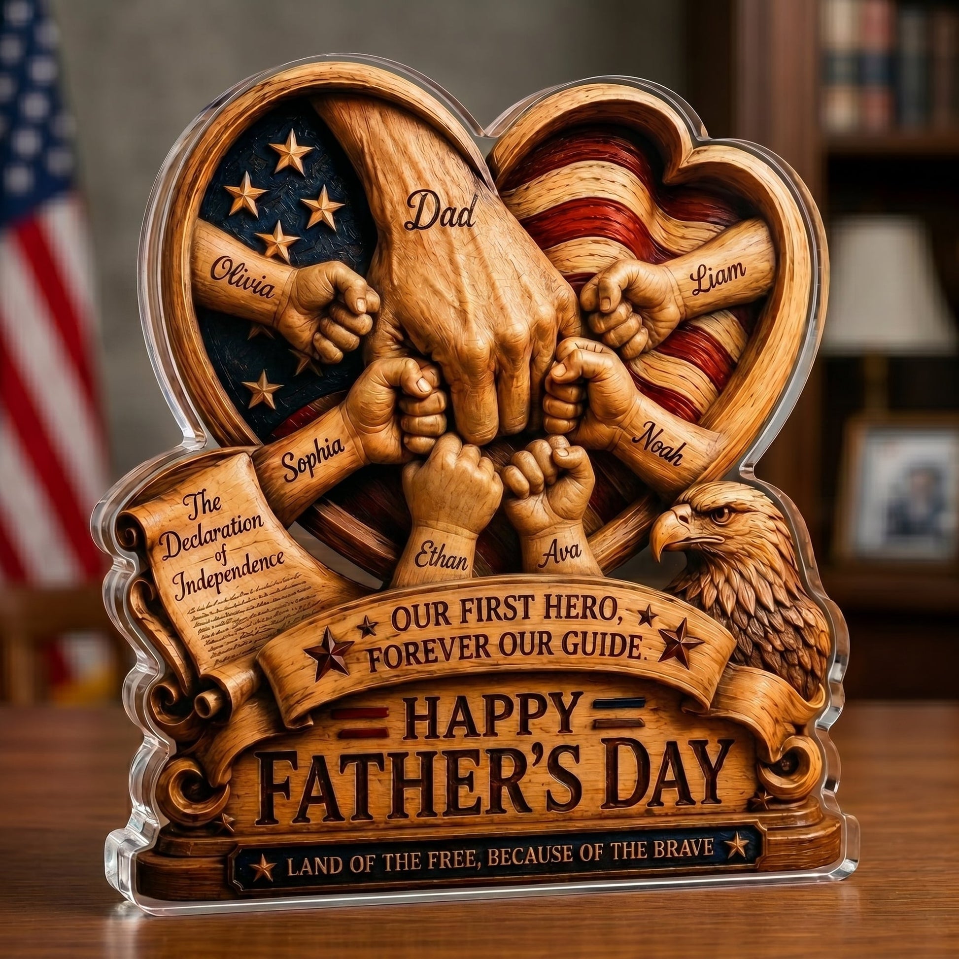 Personalized Father’s Day and America Anniversary Acrylic Plaque – Custom Dad & Child Hand Holding Keepsake