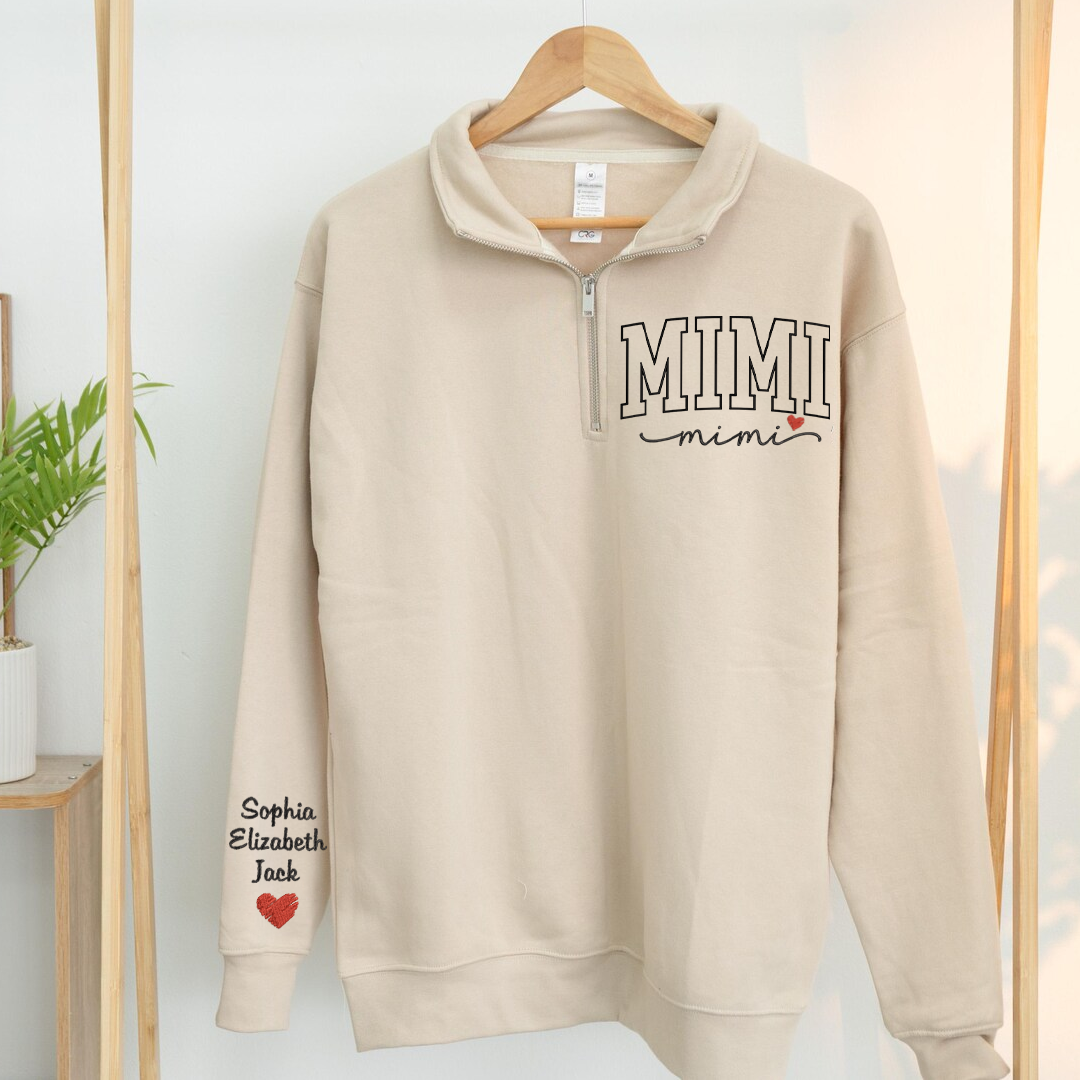 Personalized Mimi Sweatshirt, Mimi Heart And Grandkids Embroidered Quarter Zip Sweater